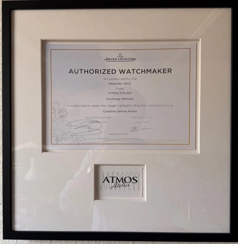 Gerahmtes Zertifikat „Authorized Watchmaker“ von Jaeger-LeCoultre für Alexander Heeg, Atmos Atelier Würzburg, Complete Service Atmos